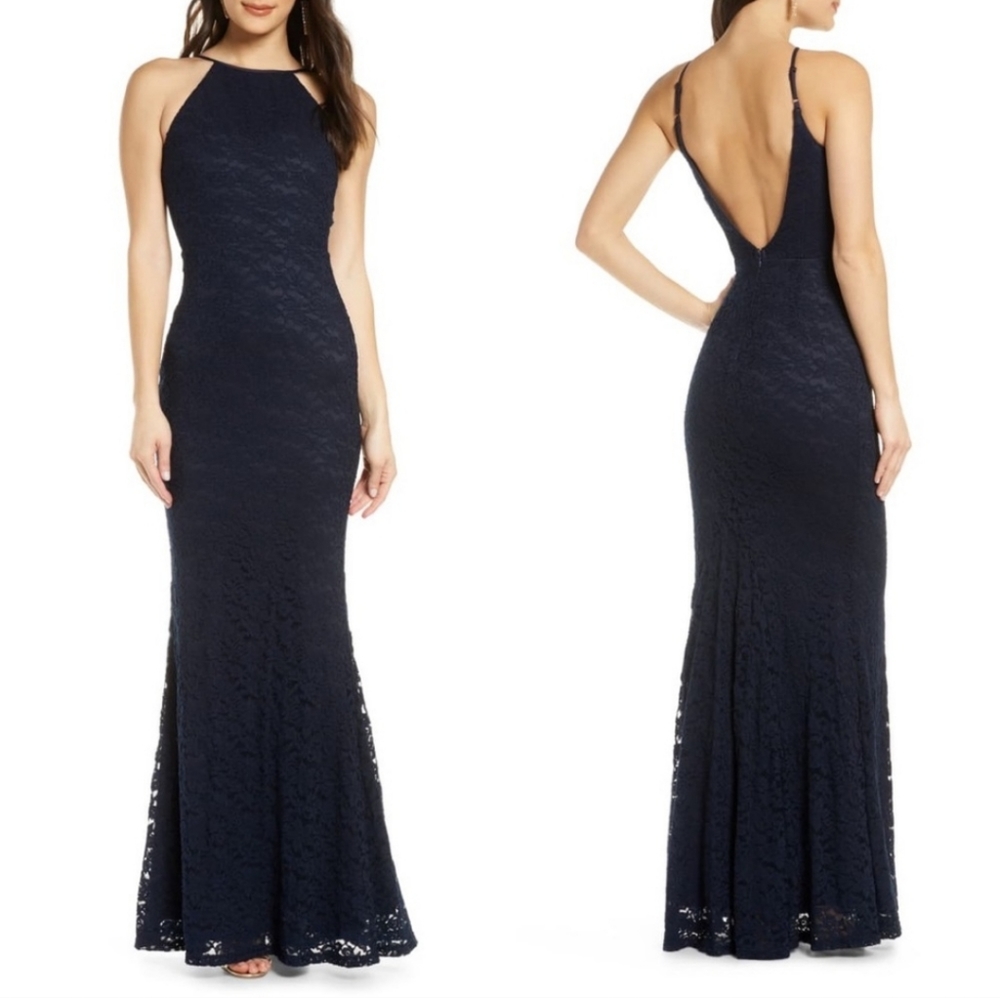 Lulu's Ephemeral Allure navy blue lace overlay halter dress long gown XS